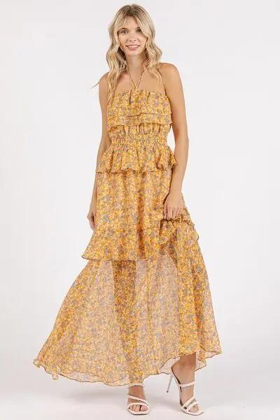 Mittoshop Ruffled Smocked Floral Halter Neck Maxi Dress - Love Salve